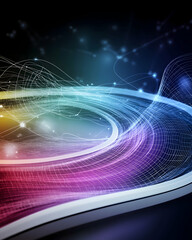 Abstract swirling colorful light waves, digital network technology background, for tech websites or presentations
