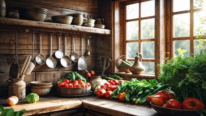 Cozy Rustic Kitchen with Organic Food