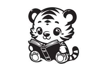 Cute Baby tiger Reading Book Cartoon outline 