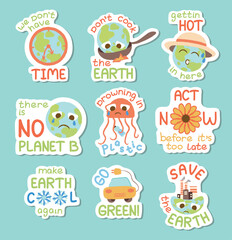 Fototapeta premium EEco-friendly sticker pack. Protecting and saving planet concept set. Green sustainable environment, ecology, nature, ecosystem. Zero-waste lifestyle, green energy, save planet Earth