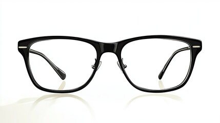 Fototapeta premium Stylish black glasses on a white background, showcasing a modern design ideal for fashion or eyewear-related content.