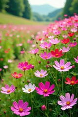 Fototapeta premium A sprawling bed of cosmos flowers in a meadow, flowers, landscape, greenery