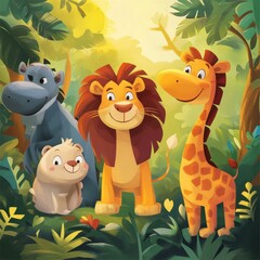 Naklejka premium Happy Jungle Animals Together In Lush Foliage