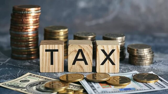Tax season. Taxation. Word Tax on wooden blocks, calculator, coins stack. Paperwork, financial research, report. Calculation tax return. Personal banking. Finance. Planning budget. Calculating expense