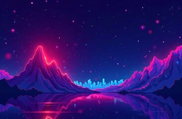 In the neon light of the mountain, in the distance you can see a digital city of blue on a dark background and lights