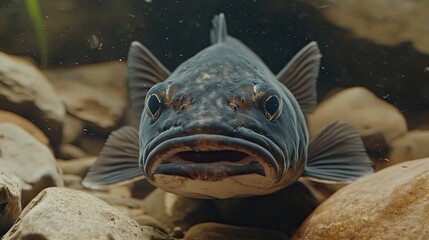 Obraz premium A catfish scavenging near the bottom of an ash-covered stream, showcasing environmental changes.