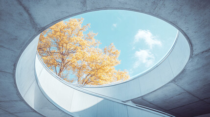 Fototapeta premium Looking up through a modern concrete spiral staircase revealing yellow autumn trees and a blue sky with white clouds above 