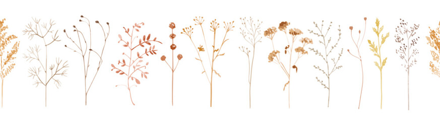 watercolor seamless border with collection of dry brown grass. vector set of autumn wild herbs