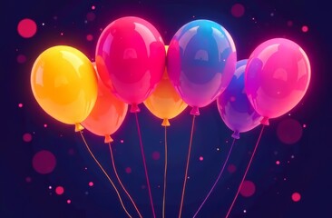 Bright multi-colored neon-lit balloons of different colors and sizes on a dark background on bokeh. The concept of congratulations, celebration, joy, victory.