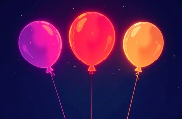 Three bright luminous multi-colored balls on a dark background with bokeh and lights. The concept of a holiday, congratulations, fun.