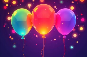 Bright glowing neon multicolored balls with lights and sparkles on a dark background with bokeh, lights and other balls out of focus. The concept of a holiday, congratulations, fun.