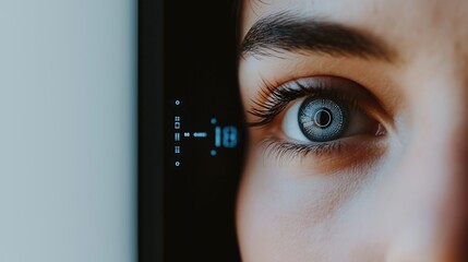 Close-up of a futuristic iris scanning device analyzing eye in a sterile high-tech environment with glowing blue interface and intricate digital patterns