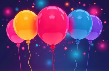 Close-up of bright multi-colored neon-lit balloons of different colors and sizes on a dark background on bokeh. The concept of congratulations, celebration, joy, victory.