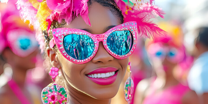 Carnival music creativity concept. Vibrant woman in colorful sunglasses and feathered accessories at a lively festival.