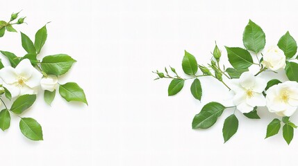 Fototapeta premium White Roses and Greenery Border: Elegant white roses and lush green foliage create a delicate and symmetrical border, perfect for adding a touch of natural beauty to any design.&nbsp;