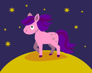 Cute cartoon unicorn on the moon. Vector illustration in flat style