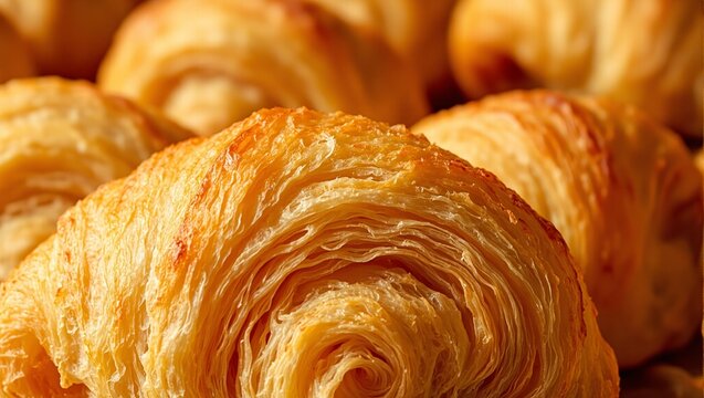 Close up of golden flaky croissant layers revealing buttery interior in warm light Rich appetizing texture