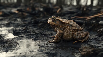 Obraz premium A toad sits on a muddy bank beside an ash-polluted pond, emphasizing habitat disruption from wildfires.