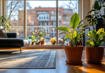 Fototapeta premium リビングルームの日差しに照らされた観葉植物とソファ