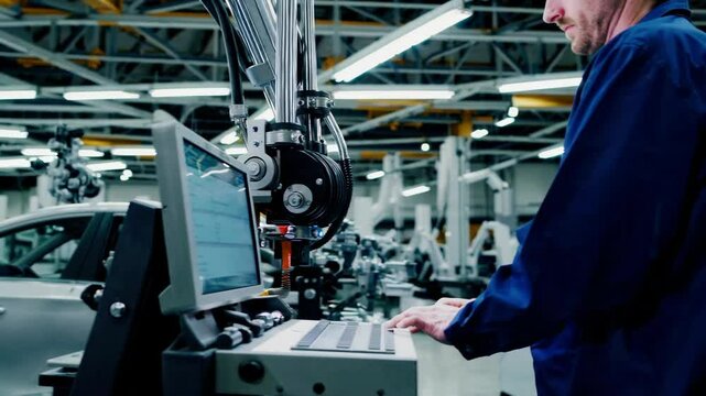 Engineer worker in automotive factory car manufacturing process, assembly line production
