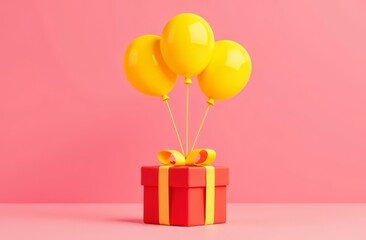 Yellow bright festive balloons tied to a red gift in red packaging tied with a yellow flight on a pink background. The concept of a holiday, a gift, a surprise, a congratulation.