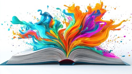 An open book with vibrant paint splashes symbolizing creativity and imagination.