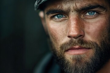 Fototapeta premium Miner with striking blue eyes and rugged features during a workday