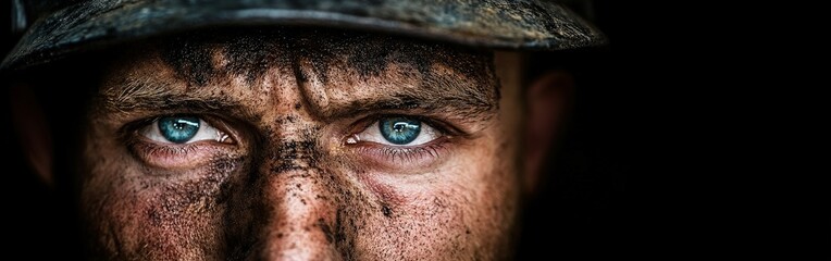 Miner with striking blue eyes and dirt-covered face after a long day of work