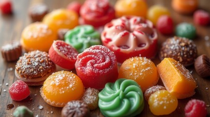 Fototapeta premium Colorful Assortment Of Festive Sweets And Candies Panoramic Overhead View