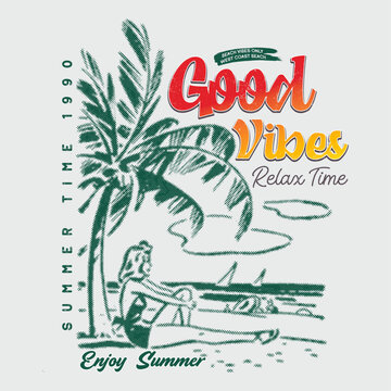 Beach good time retro, Girl sitting on the beach vintage t-shirt print design. Beach vibes t-shirt artwork. Palm tree, chare graphic print design. Enjoy summer time vector design. Beach mountain.