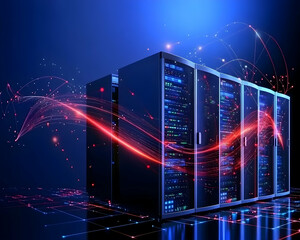 Obraz premium Data center servers, network connections, digital flow, technology infrastructure, for website or tech article