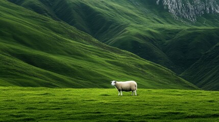 Fototapeta premium A peaceful hillside with green grass and a single grazing sheep