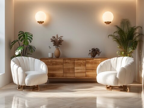Interior of modern living room, credenza and two armchairs close-up, front view.