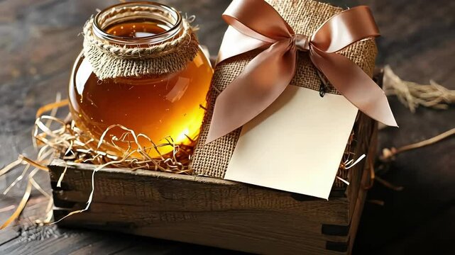 Honeycraft a jar of honey beside a gift wrapped in burlap with a ribbon.