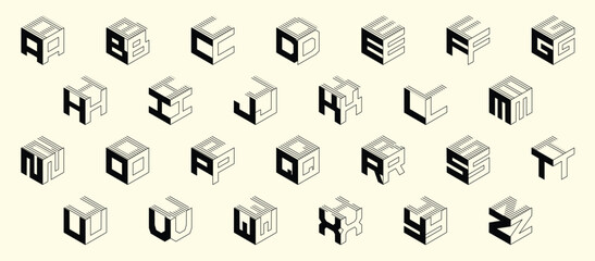 orto_02Isometric wireframe alphabet. Cube font. Isometric 3d font, three-dimensional alphabet letters, vector illustration.