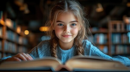 A bright young girl sitting at a library table, opening a large book with an eager smile while the bookshelves in the background create a cozy, academic atmosphere