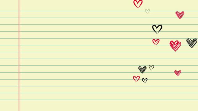 valentines day hearts on notebook paper sheet doodle motion background, love romantic copy space valentine social media design element