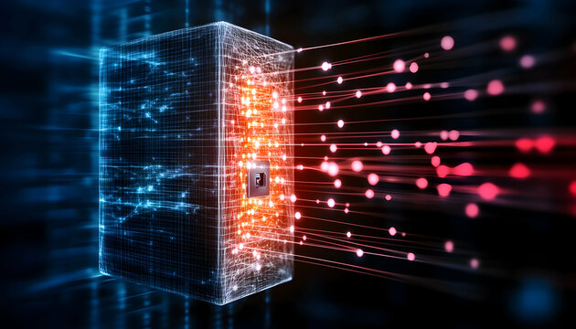 Data security Secure server transmitting information, digital streams flowing out, dark tech background, ideal for cybersecurity or tech websites