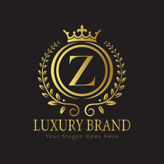 Letter Luxury brand logo design with a royal gold crown emblem and elegant typography
