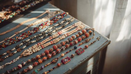 Handcrafted Beaded Jewelry on a Rustic Blue Table - Artisanal Accessories