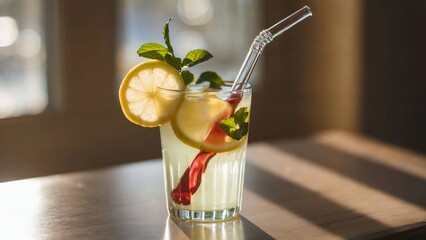 Eco-Friendly Glass Straw with Lemon-Mint Beverage - Sustainable Lifestyle Accessory