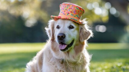 Golden Retriever Wearing a Vibrant Floral Hat Outdoors - Fun and Whimsical Moment