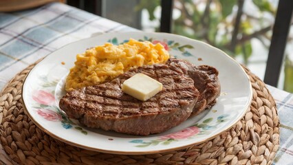 Carnivore Diet Breakfast with Grilled Steak, Scrambled Eggs, and Butter - Protein-Packed Meal