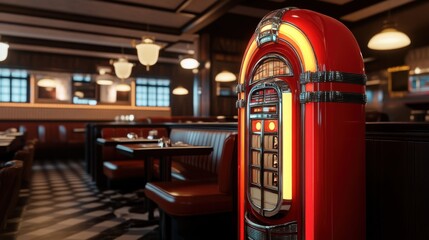 A retro red jukebox glowing in a vintage diner setting