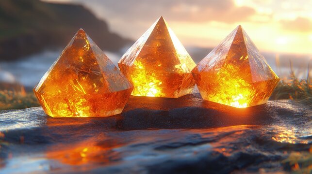 3D neon-lit triangular prisms reflecting light in a mesmerizing, geometric arrangement.