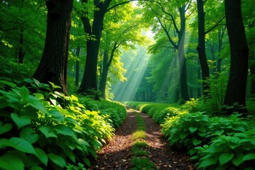Obraz premium Dense foliage surrounds a well-trodden forest path, forest path, dense, green