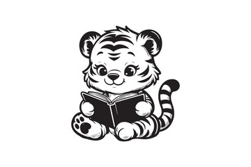 Cute Baby tiger Reading Book Cartoon outline 