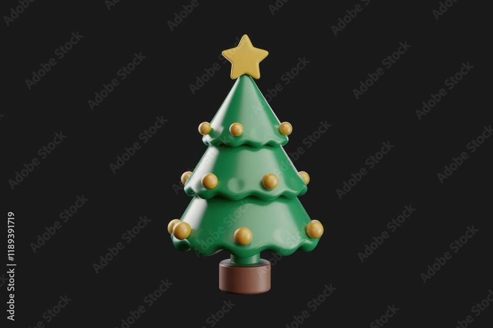 Poster a stylized 3d model of a christmas tree with a yellow star and ornaments on a dark background.