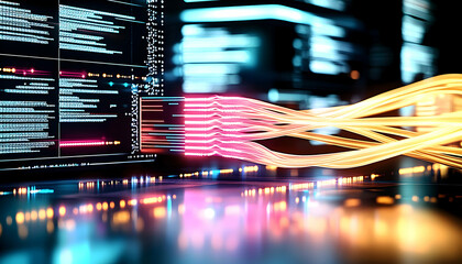 Data streams flow into a server in a futuristic cityscape, showcasing high-speed digital processing and connectivity.  Ideal for technology, networking concepts