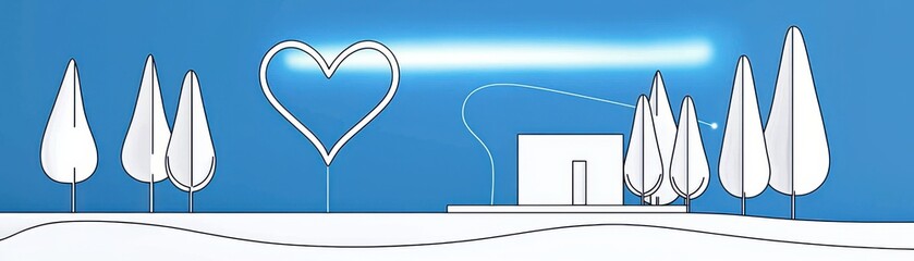 A minimalist landscape featuring a heart-shaped tree and house.